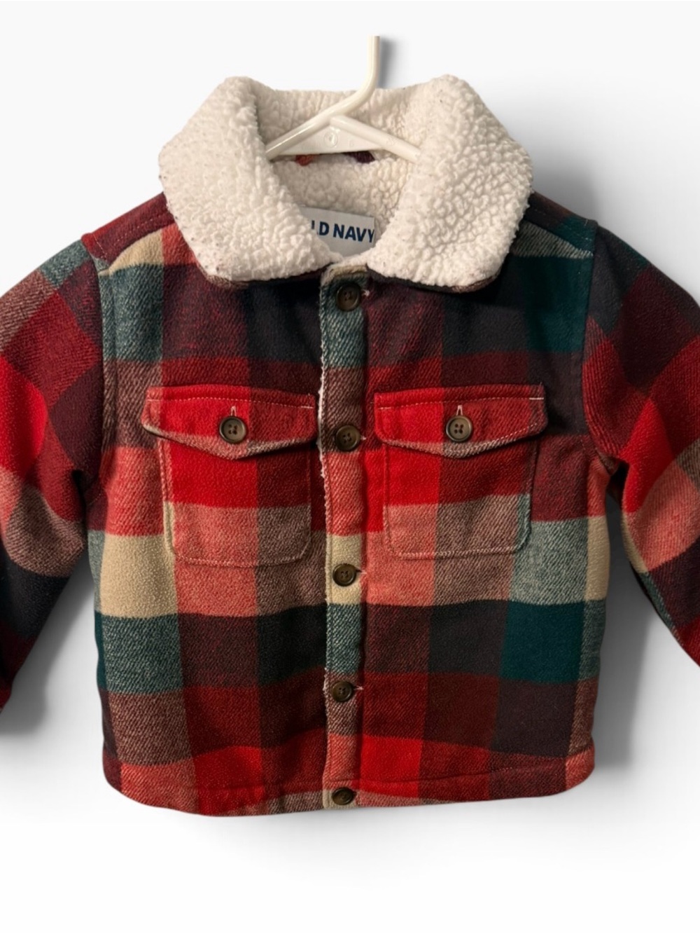 Toddler Boys Old Navy plaid Sherpa Shacket  in red tan & green Size 3T